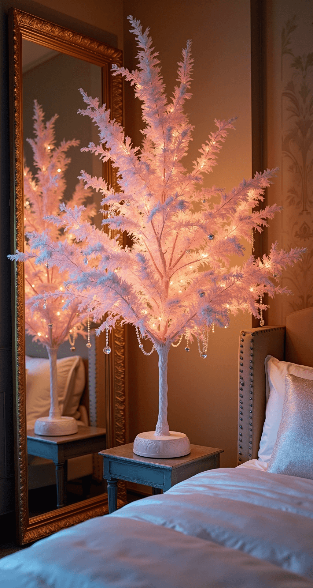 Luxe master bedroom corner featuring a 7-foot rose quartz pink tree with an ombré effect, adorned with crystal droplets and white feather accessories. A floor-length gilt mirror reflects the upholstered king bed dressed in champagne silk bedding, illuminated by warm artificial light and cool blue hour window light.