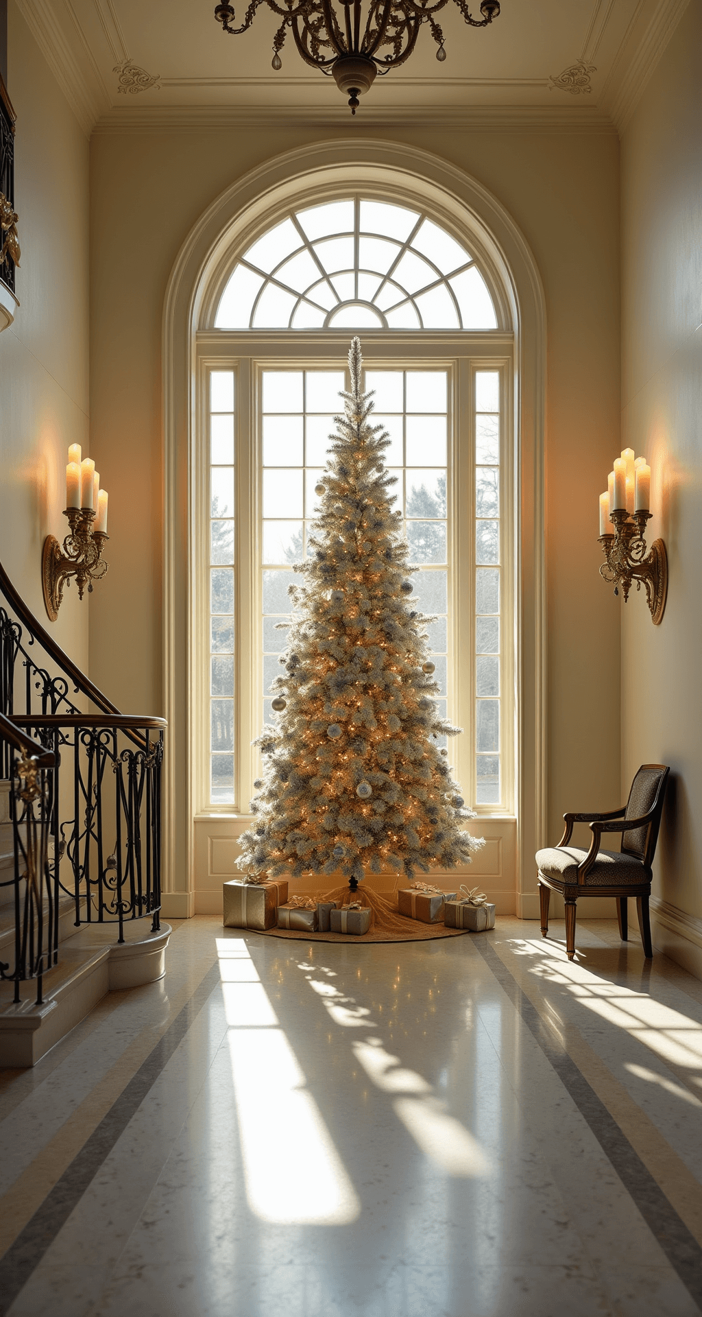 A grand entryway featuring a 12-foot foyer with a curved staircase, illuminated by golden sunlight through arched windows. A 9-foot Christmas tree adorned with platinum and crystal ornaments sits in a brass-trimmed alcove, draped in warm white lights. The space has cream Venetian plaster walls and marble floors with intricate inlay, with oversized gold lanterns and real flame candles at the entrance. A cream velvet tree skirt and wrapped metallic packages complete the festive scene.