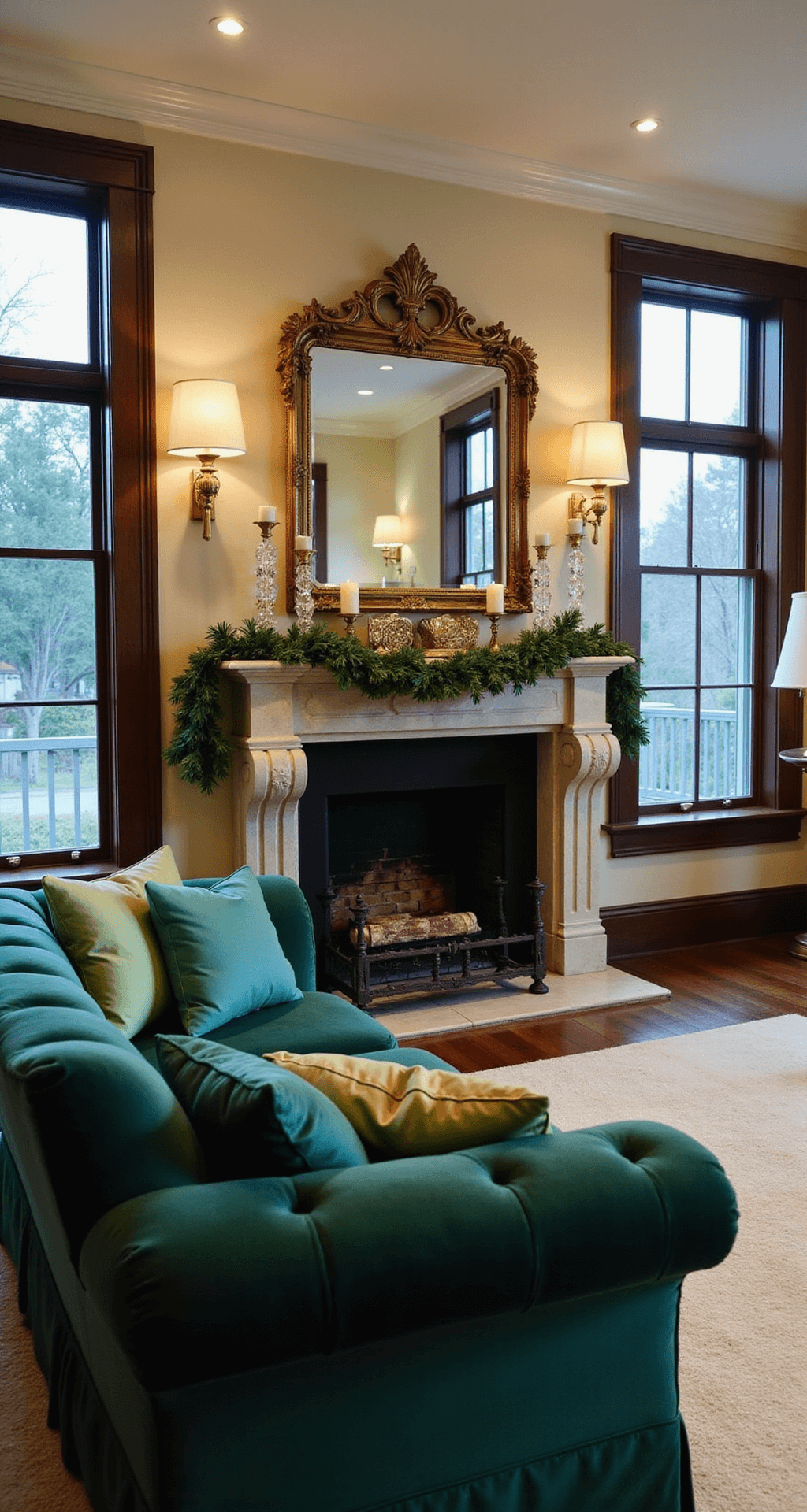 A formal living room vignette featuring an emerald velvet chesterfield sofa with jewel-toned silk pillows, facing a limestone fireplace adorned with an elegant garland and crystal candlesticks, all illuminated by ambient lamp light and fading daylight through floor-to-ceiling windows.