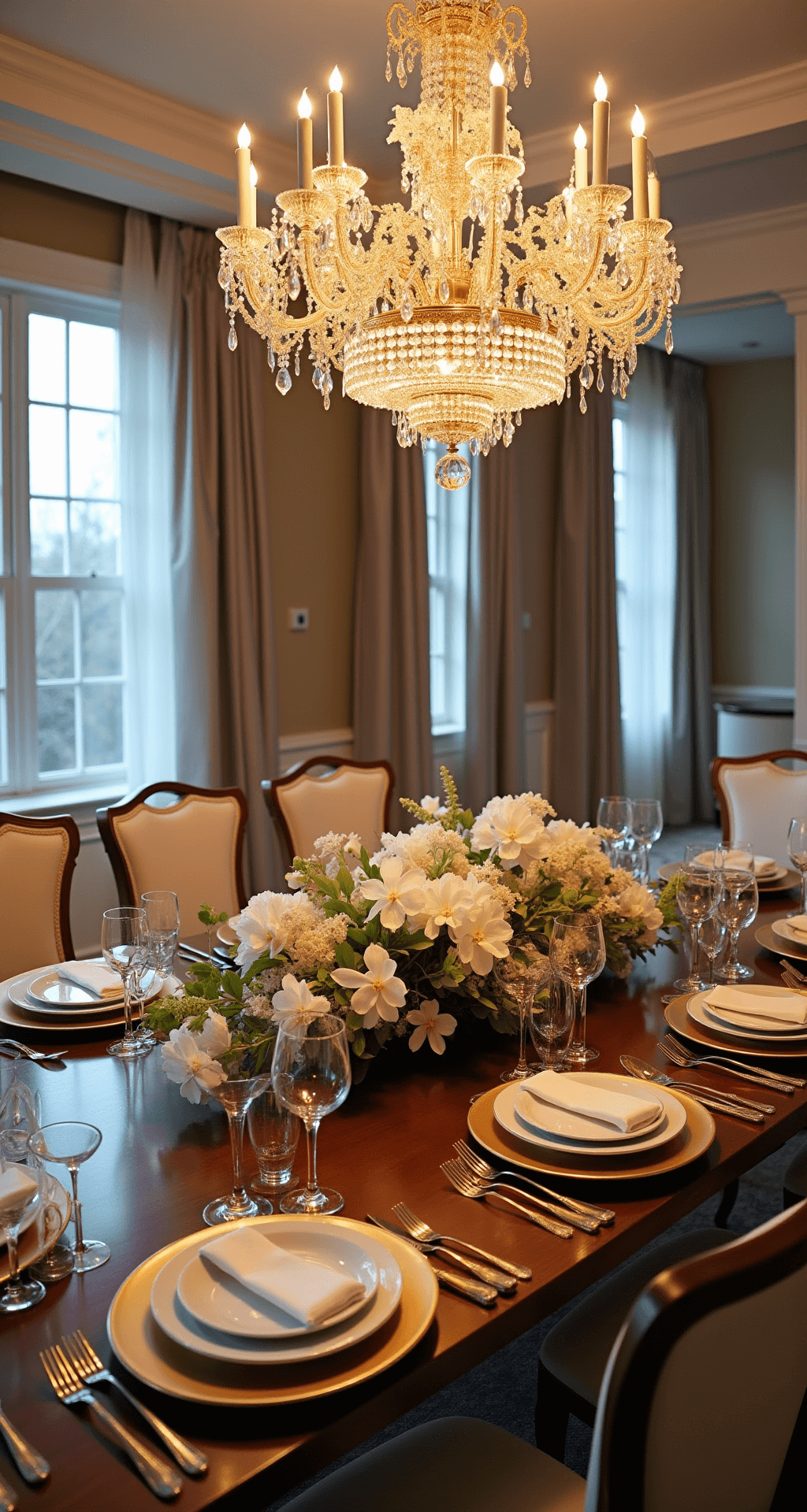 Elegant formal dining room tablescape featuring a 12-seat mahogany table adorned with gold chargers, crystal stemware, and white china, illuminated by golden hour sunlight and candlelight, with a dramatic floral centerpiece of preserved magnolia, gold-dusted eucalyptus, and white orchids, framed by pearl gray silk draperies.