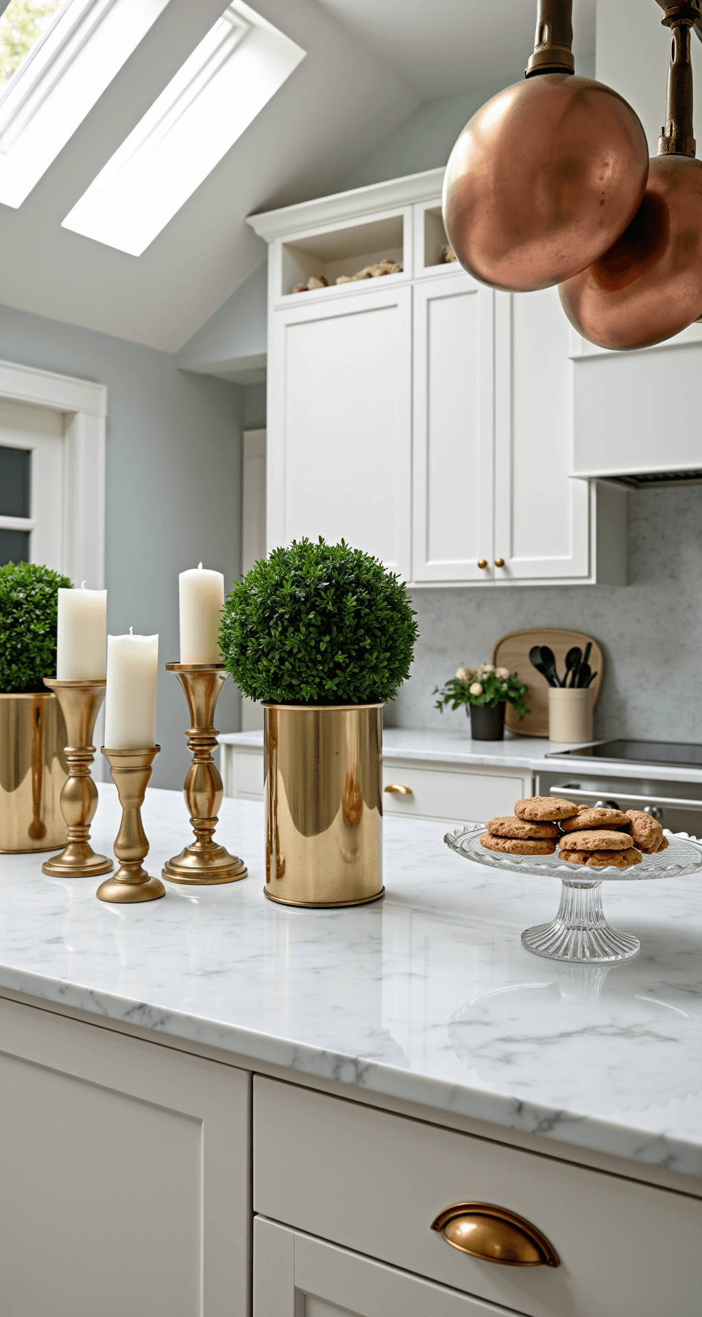 A luxurious modern chef's kitchen featuring a 12' island and marble counters adorned with holiday decorations, including gold hurricane lamps, white candles, and preserved boxwood topiaries, with morning light streaming through skylights. Crystal cake stands showcase artisanal cookies, while copper pots hang from a ceiling rack, enhancing the elegant ambiance of white cabinets with brass hardware.