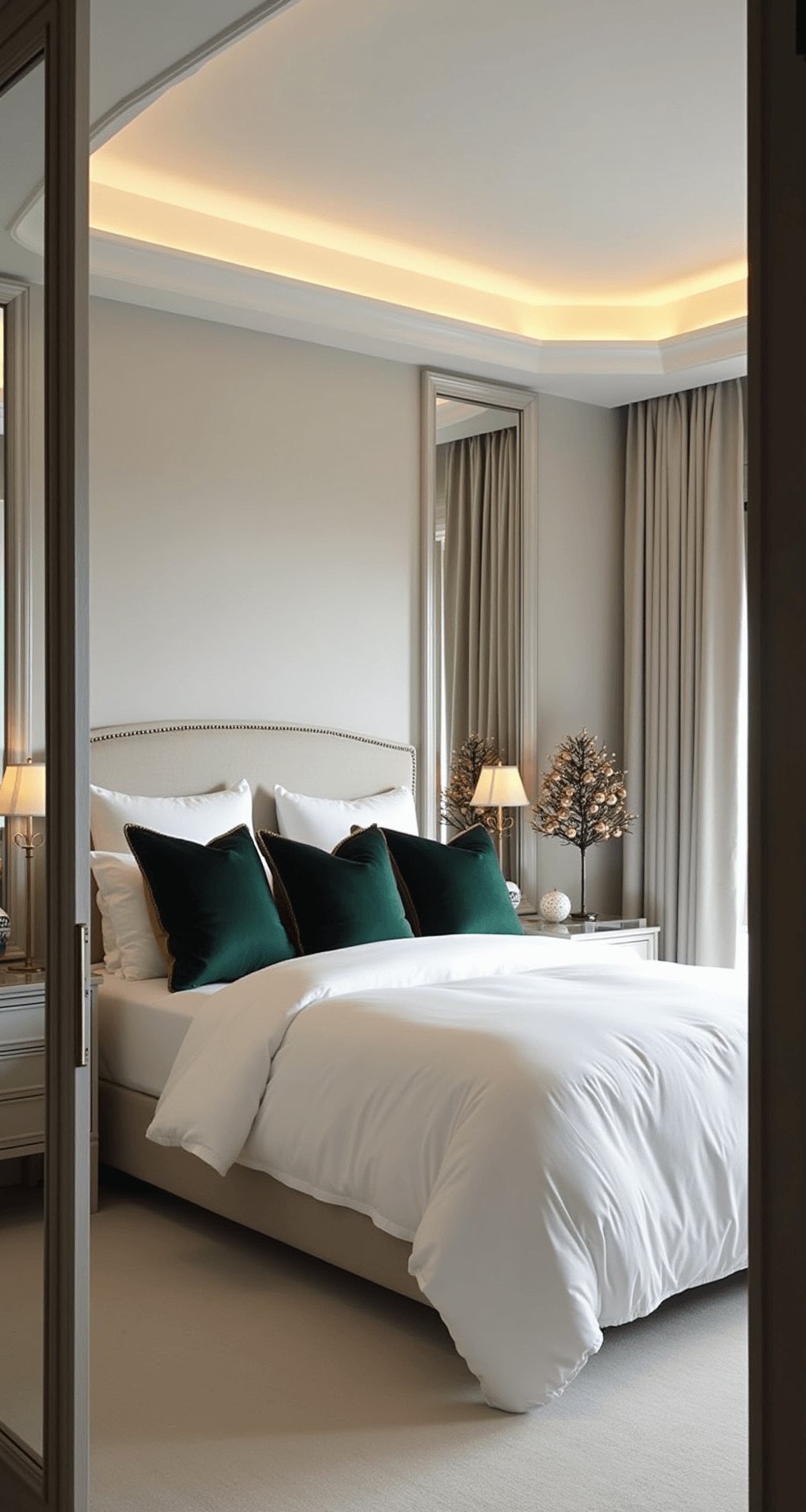A luxurious master bedroom suite featuring a king bed with white Italian linens and deep forest green and gold accent pillows, illuminated by dusk lighting and table lamps. The room includes a miniature tree adorned with rose gold ornaments, floor-length mirrors, a cream wool carpet, and pale gray walls, all captured from the doorway.