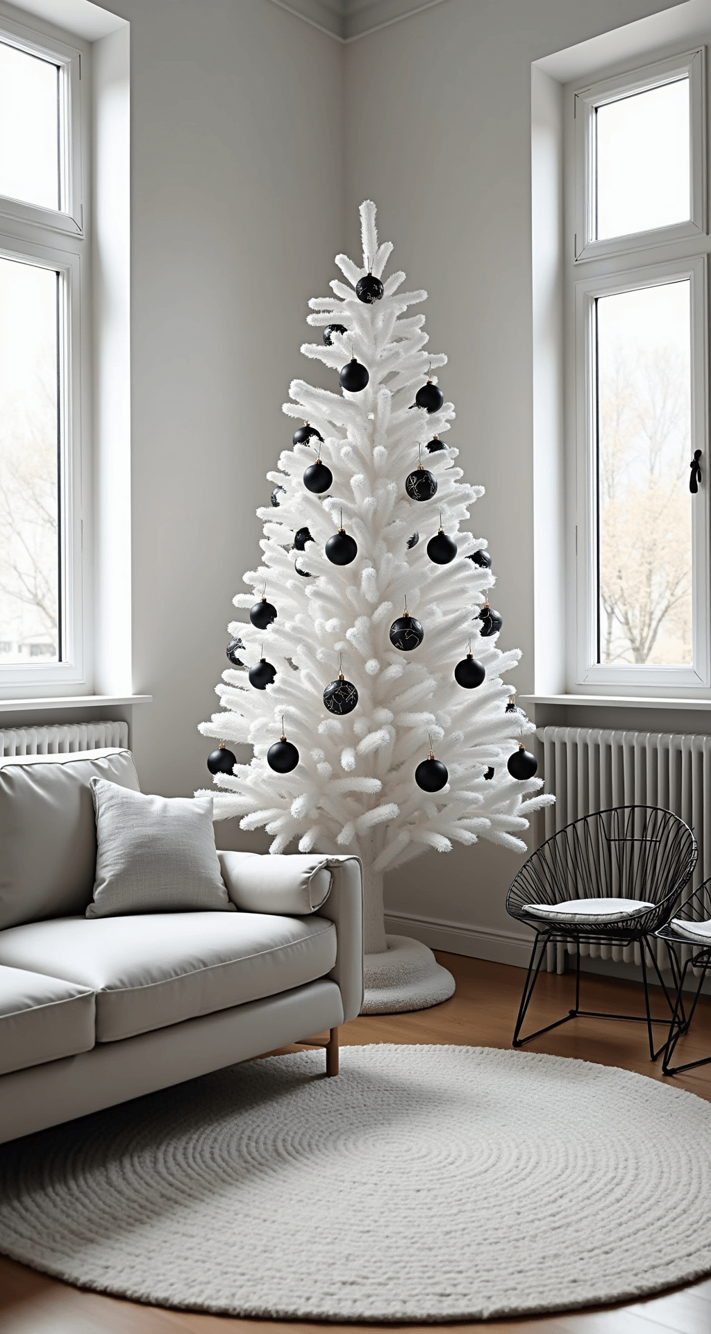 Modern minimalist apartment living space with a 7ft slim artificial white tree decorated in matte black and white geometric ornaments, surrounded by Scandinavian-style light gray furniture, all bathed in bright winter light.