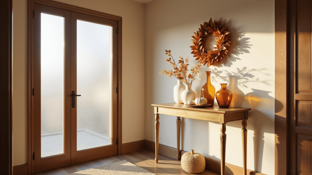 A hyperrealistic interior photograph of a sunlit entryway featuring a vintage brass console table adorned with white ceramic pumpkins and amber glass vessels, set against a cream wall. A preserved maple leaf wreath hangs above, with warm autumnal colors and dramatic shadows on weathered oak flooring, creating a cozy autumnal atmosphere.