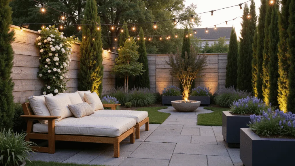 A luxurious backyard sanctuary at twilight, featuring a modern teak lounge set, privacy greenery, climbing roses, string lights, and a meditation area with a concrete fire pit, all bathed in soft golden hour lighting.
