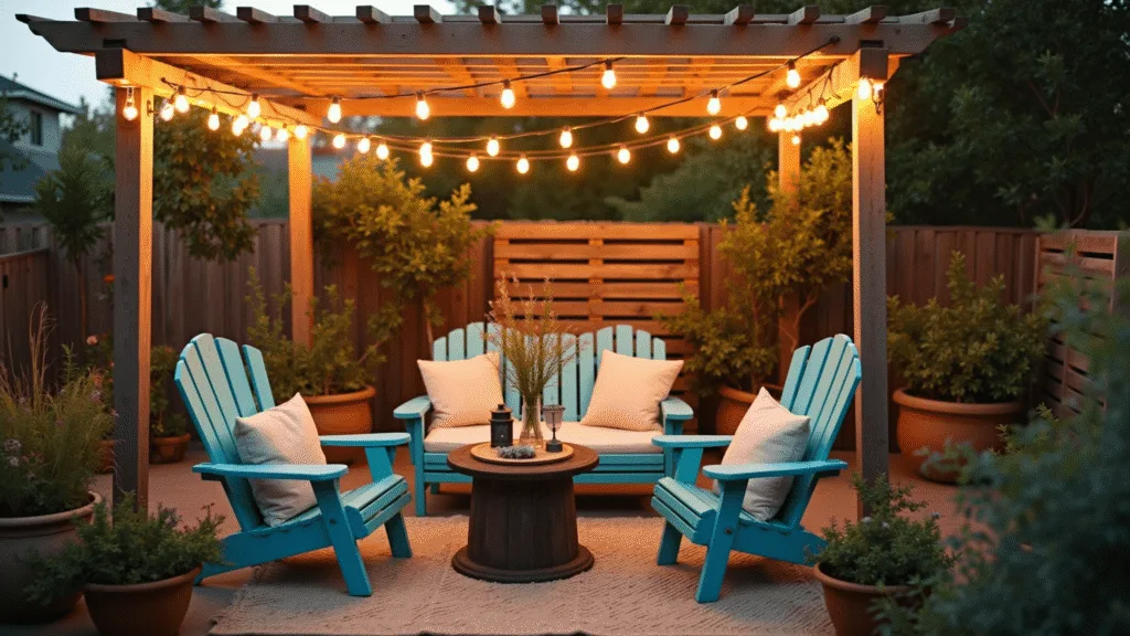 Cinematic golden-hour photograph of a transformed backyard oasis featuring a wooden pergola with string lights, vintage turquoise chairs, a wooden spool coffee table, and a vertical garden wall, all bathed in warm, honey-colored light.