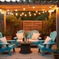 Cinematic golden-hour photograph of a transformed backyard oasis featuring a wooden pergola with string lights, vintage turquoise chairs, a wooden spool coffee table, and a vertical garden wall, all bathed in warm, honey-colored light.