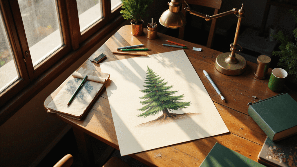 A sunlit artist's studio with a vintage drafting table showcasing a half-finished Christmas tree sketch surrounded by art supplies, including graphite pencils and colored markers, all illuminated by warm natural light.