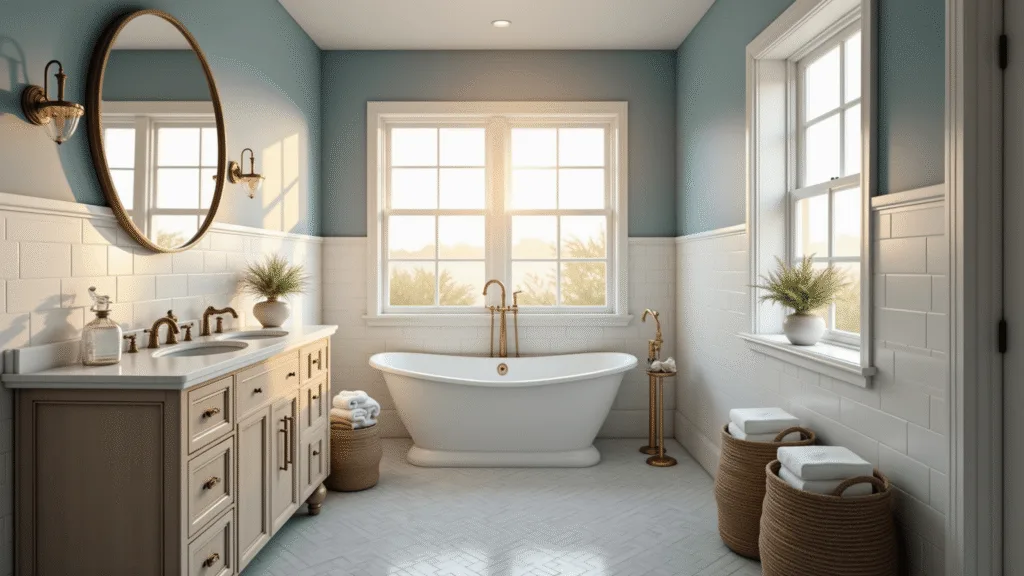 Photorealistic coastal bathroom interior with a freestanding soaking tub, weathered oak double vanity, and marble herringbone floor tiles; warm sunlight highlights soft blue walls and textured details, creating a serene, hygge atmosphere.