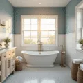 Photorealistic interior of a compact coastal bathroom featuring shiplap walls, aqua subway tiles, a driftwood vanity, and a capiz shell mirror, enhanced by soft morning light.