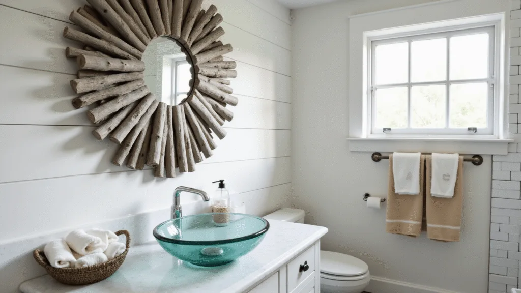 A bright coastal bathroom featuring a driftwood sunburst mirror, marble vanity, and frosted windows, with natural textures, chrome fixtures, and a serene color palette.