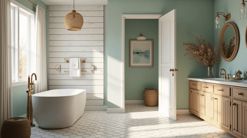 Photorealistic coastal spa bathroom sanctuary featuring a freestanding matte white oval tub, weathered white shiplap accent wall, seafoam green walls, and natural sunlight creating a warm golden hour ambience. The space includes a white marble hexagon floor, weathered teak double vanity with honed marble countertop, layered Turkish cotton towels, and seagrass baskets. Brass fixtures, large round mirrors with rope detail, and a glass vessel with dried eucalyptus add to the design, complemented by coastal artwork and seaside accessories in clear glass containers.