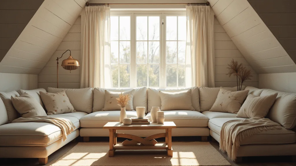 Photorealistic interior of a sunlit cottage living room during golden hour, featuring white shiplap walls, plush cream sofa with layered textiles, antique brass floor lamp, and a distressed wooden coffee table adorned with vintage decor, set on wide-plank oak flooring with a jute rug and faded floral runner.