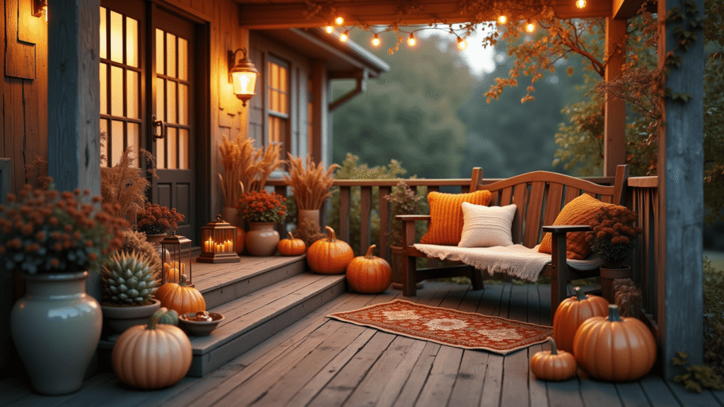 A photorealistic wide-angle shot of a cozy farmhouse porch at golden hour, featuring a vintage swing with chunky knit throws, layered rugs, heirloom pumpkins, copper lanterns, and blooming chrysanthemums, all surrounded by warm ambient lighting and falling autumn leaves.