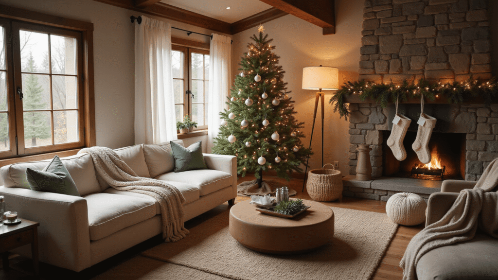 A cozy Christmas living room featuring a cream sectional sofa, a decorated Fraser fir tree, and a rustic stone fireplace, illuminated by warm golden hour light, with plush throws, layered rugs, and soft window sheers.