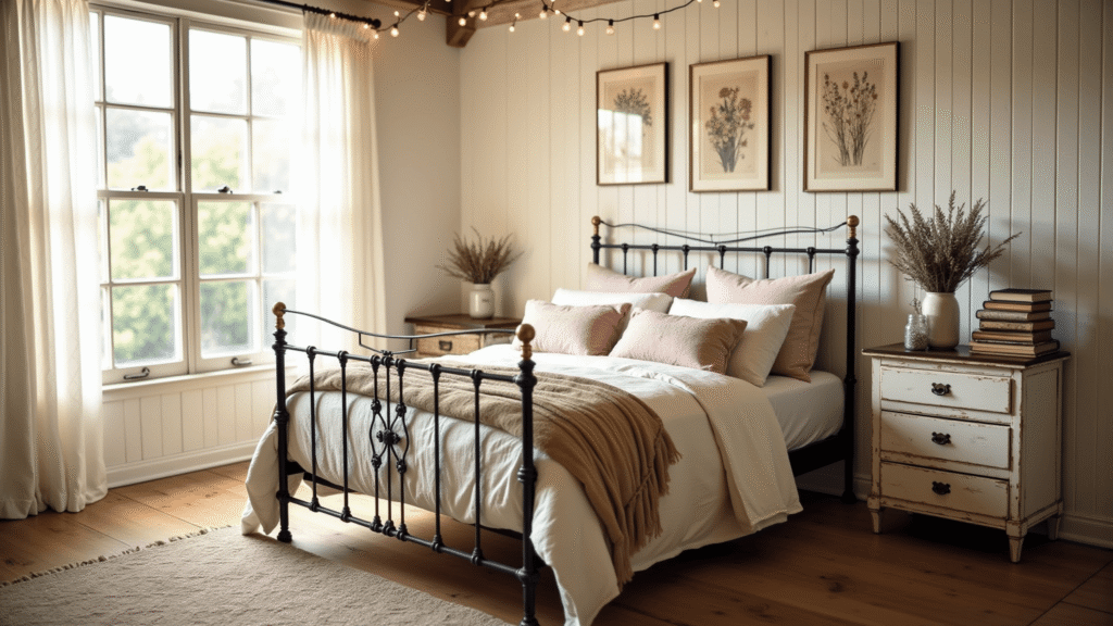 A cozy vintage cottage bedroom bathed in golden hour light, featuring a vintage iron bed with layered textured bedding, floral pillows, and shiplap walls adorned with botanical prints. The room includes a handwoven rug, a rustic nightstand with mason jars of flowers, and warm string lights overhead.