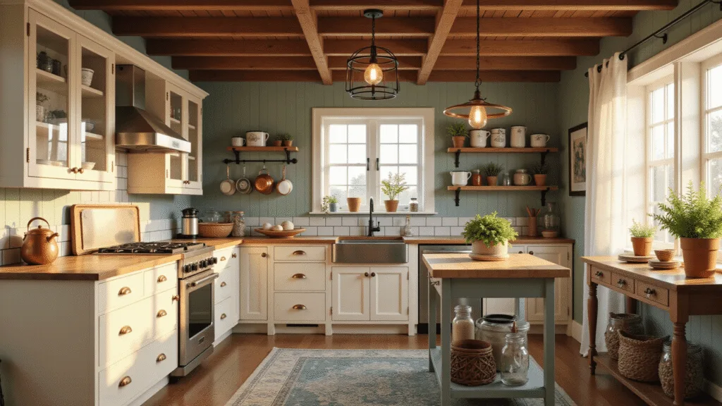 Photorealistic interior of a cozy cottage kitchen bathed in golden hour sunlight, featuring cream shaker cabinets, sage green beadboard walls, and a butcher block island, adorned with vintage copper pots, a farmhouse sink, and terracotta pots of herbs on the windowsill.
