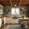 Photorealistic interior of a cozy cottage kitchen bathed in golden hour sunlight, featuring cream shaker cabinets, sage green beadboard walls, and a butcher block island, adorned with vintage copper pots, a farmhouse sink, and terracotta pots of herbs on the windowsill.