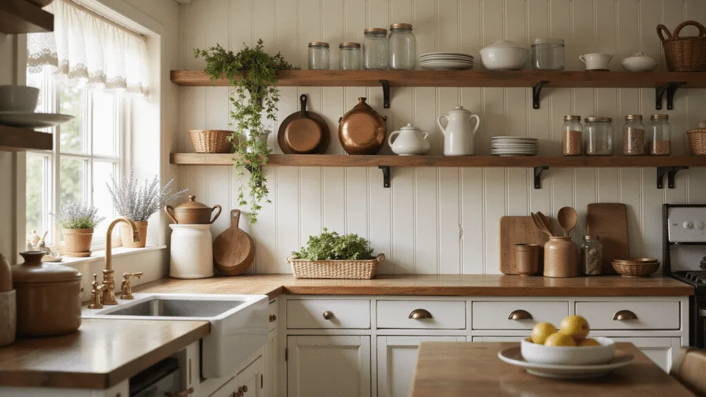 A sunlit cottage kitchen featuring creamy white beadboard walls, antique brass pegs with copper pots, reclaimed wood shelving with ironstone dishes, butcher block countertops, a farmhouse sink, and decorative terracotta pots with ivy, captured in atmospheric detail with a soft focus and warm, muted colors.