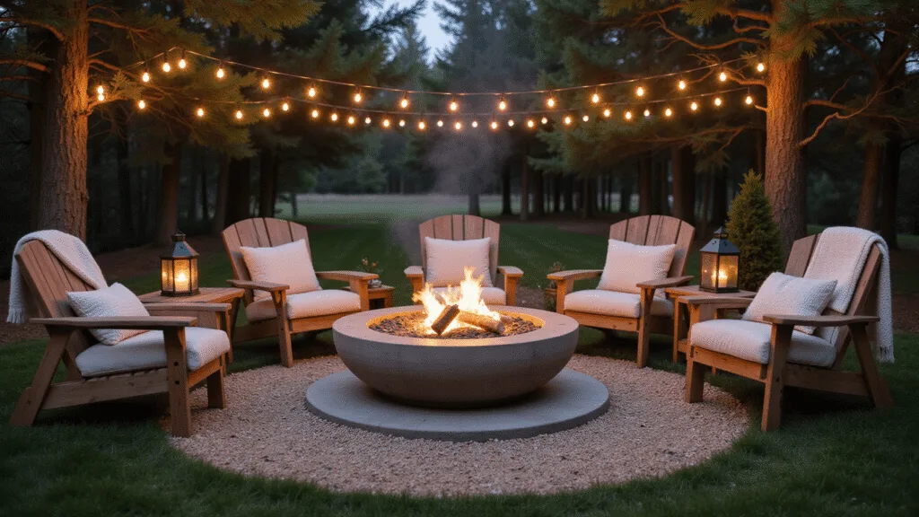 A cozy backyard oasis featuring a large circular stone fire pit surrounded by teak Adirondack chairs, plush cushions, and warm ambient lighting from string lights, with rustic decor elements and a serene twilight atmosphere.