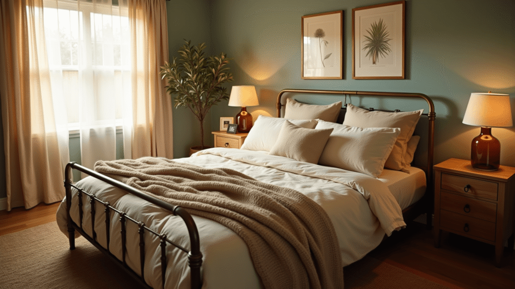 A warm, inviting bedroom featuring a queen bed with a weathered brass frame, layered with soft, textured linens. Sheer linen curtains filter golden hour light, illuminating vintage nightstands with amber glass lamps. Botanical prints decorate sage green walls, and a handwoven jute rug complements an olive tree, creating a cozy, intimate atmosphere.