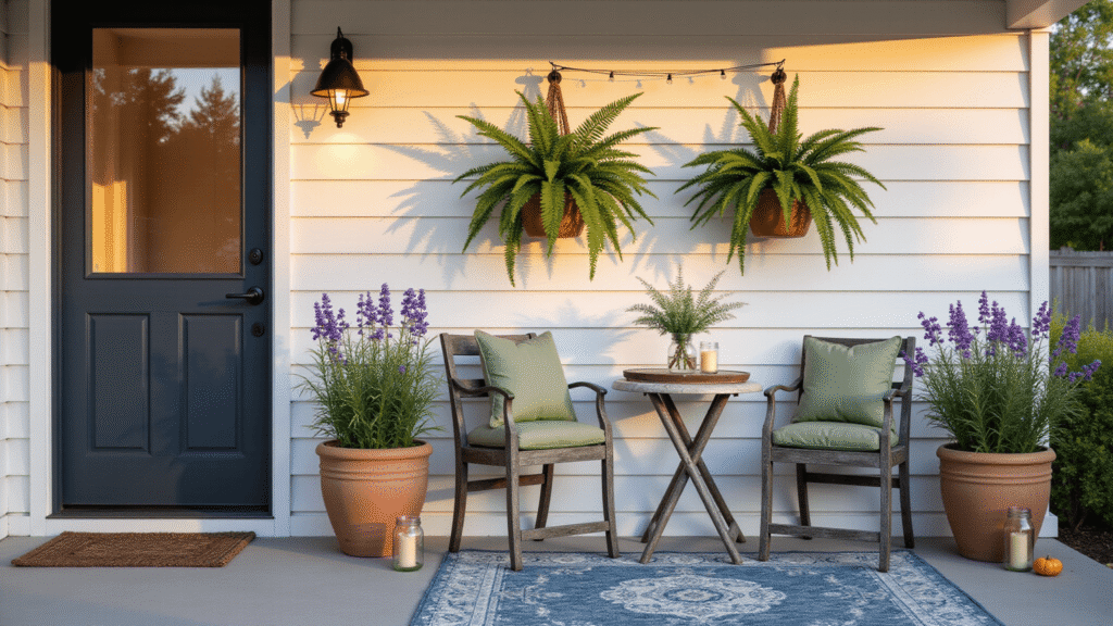 A cozy 6x8ft porch at golden hour featuring a weathered gray bistro set with sage green cushions, white shiplap walls, Boston ferns, string lights, and potted petunias, illuminated by warm sunset light.