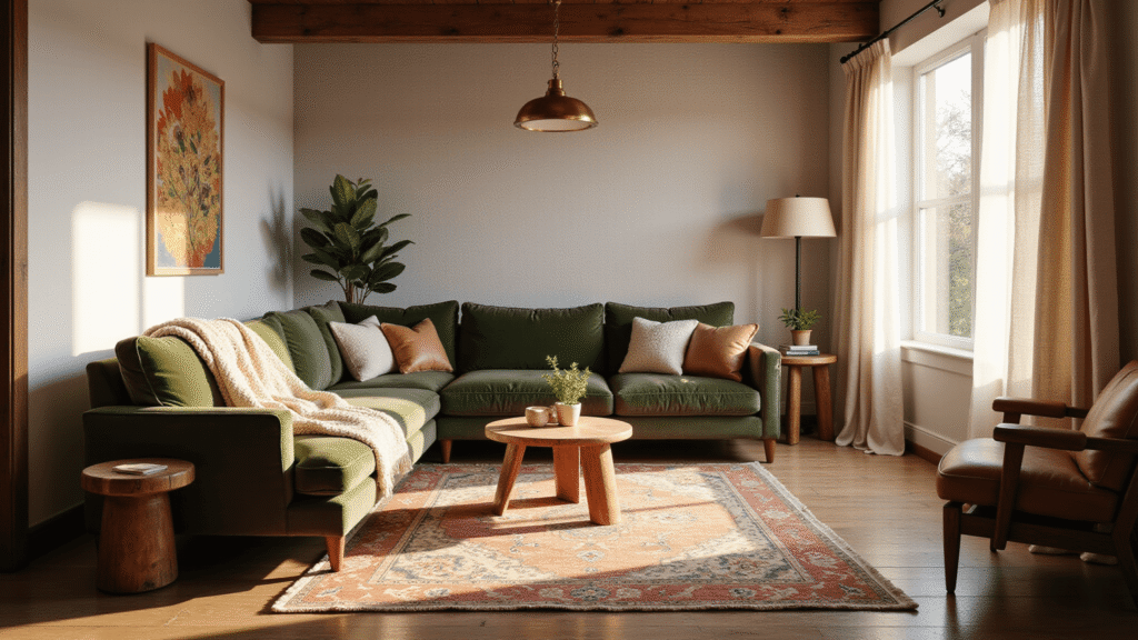 A sunlit living room featuring a deep olive green velvet sectional sofa, vintage brass pendant light, and layered antique Persian rugs, with warm neutrals and natural textures creating an inviting atmosphere during golden hour.