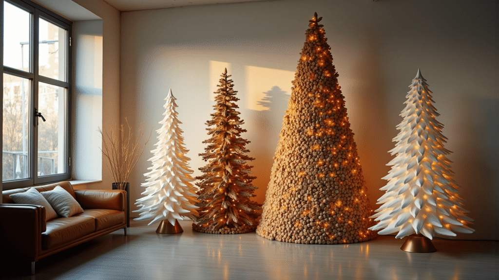 A wide shot of a gallery showcasing six distinctive DIY Christmas trees, featuring origami, wine cork, Scandinavian wood, glass bottles, pallet wood, and a suspended branch design, all illuminated by golden hour light and minimalistic modern furniture.