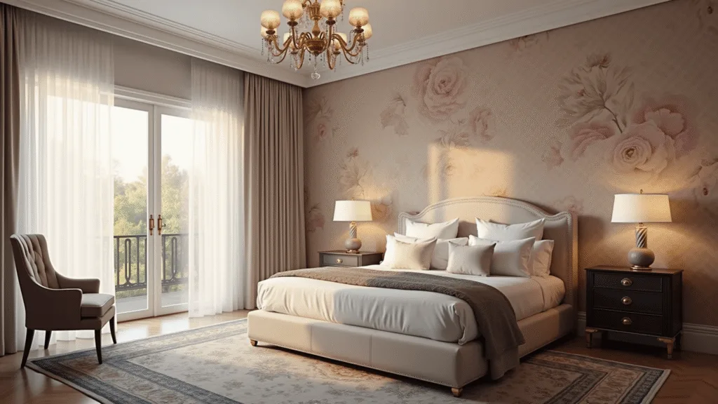 A luxurious master bedroom featuring oversized peony wallpaper in blush and cream, a king-size upholstered bed with white linens, warm golden hour sunlight filtering through sheer curtains, and a vintage Persian rug. The scene is enhanced by a crystal chandelier and brass accents, captured in soft focus to emphasize the rich textures.