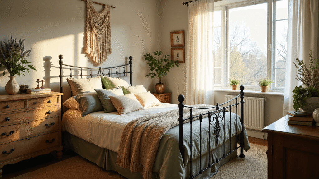Dreamy cottagecore bedroom during golden hour, featuring a vintage iron bed with layered linens, weathered oak dresser with dried flowers, macramé wall hanging, and natural sunlight filtering through linen curtains, all captured in photorealistic detail.