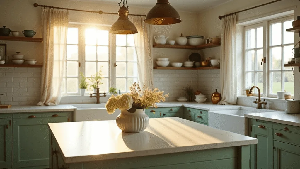 A sunlit cottage kitchen with sage green lower cabinets, creamy white upper cabinets, and a white marble countertop, featuring aged brass fixtures, vintage open shelving, fresh flowers, and ethereal light rays.