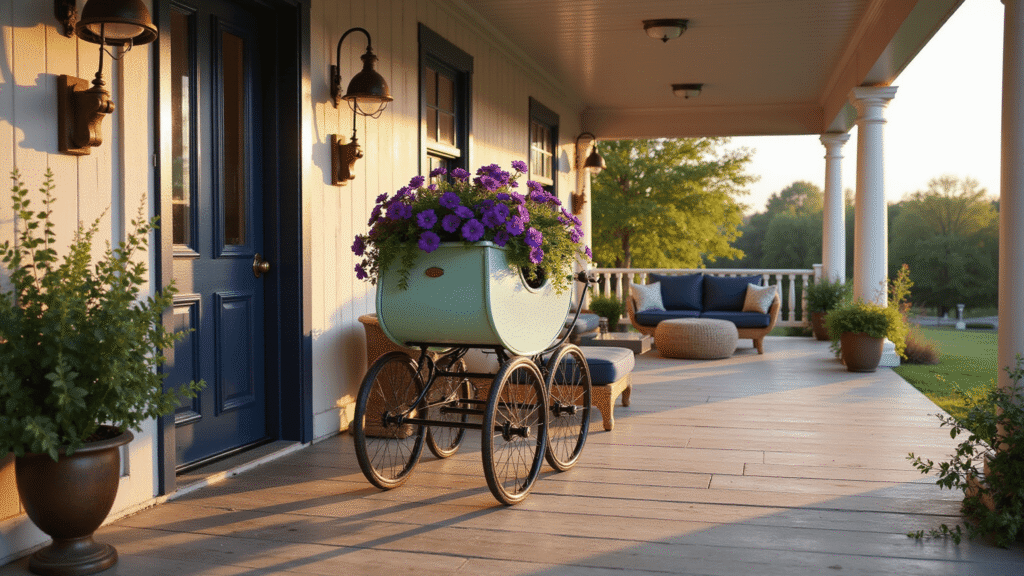 A cinematic wide-angle view of a grand farmhouse porch during golden hour, featuring a vintage mint-green baby carriage filled with purple petunias, a glossy navy blue door, and asymmetrically arranged copper lanterns, with Victorian-style corbels and rattan furniture, all bathed in warm lighting and atmospheric haze.