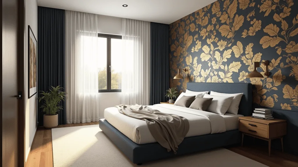 A sophisticated bedroom featuring a navy and gold botanical wallpaper accent wall, modern platform bed with white linens, and various textural wall treatments, captured in warm golden hour lighting.