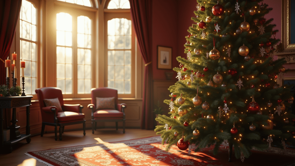 An elegant Victorian living room at golden hour featuring a majestic 9-foot Fraser fir Christmas tree adorned with vintage glass ornaments and warm white lights, surrounded by period furniture, a rich oriental rug, and soft atmospheric lighting.