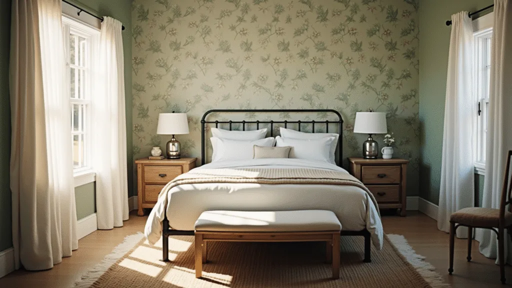 A sunlit farmhouse bedroom featuring botanical wallpaper, an iron bed frame, white linen bedding, and rustic decor, captured with a soft depth of field and warm lighting.