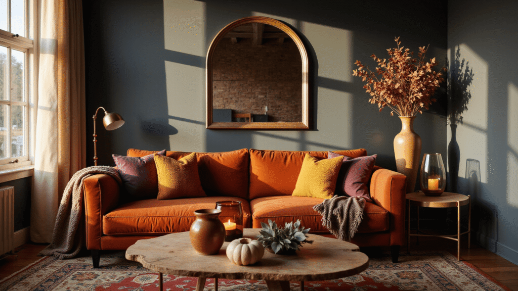 A luxurious living room at golden hour featuring a rust velvet sofa against a gray wall, illuminated by warm sunlight with layered textures like knit throws, bouclé pillows, and a vintage Persian rug, alongside brass accents and natural elements.
