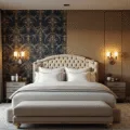 Cinematic interior shot of a split-design master bedroom showcasing a navy and gold Art Deco wallpaper on one side and a cream matte-finished painted wall on the other, with golden hour sunlight streaming through floor-to-ceiling windows, a king-sized bed dressed in luxurious white linens, and emphasized textures and finishes.