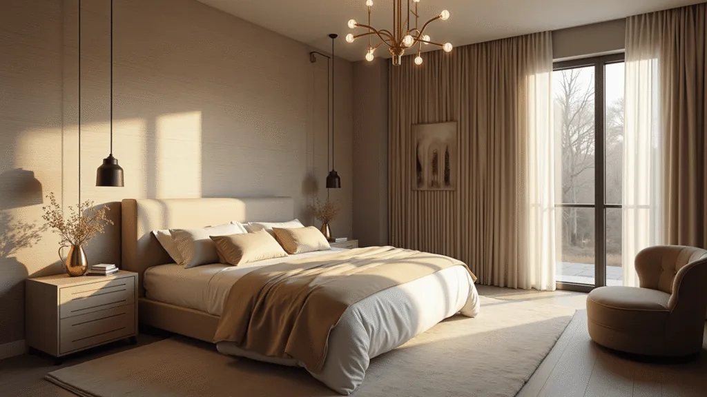 Photorealistic image of a luxurious master bedroom with beige grasscloth wallpaper, cream and champagne bedding, a brass chandelier, and warm taupe velvet accents, illuminated by golden hour light through large windows, featuring dramatic depth of field and soft bokeh.