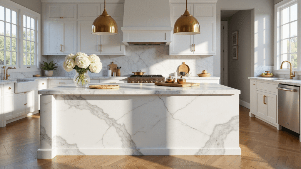 A luxurious transitional kitchen featuring a dramatic Calacatta Gold marble waterfall island, white shaker cabinets, and brushed brass pendant lights, bathed in morning sunlight with hyperrealistic textures and soft shadows.