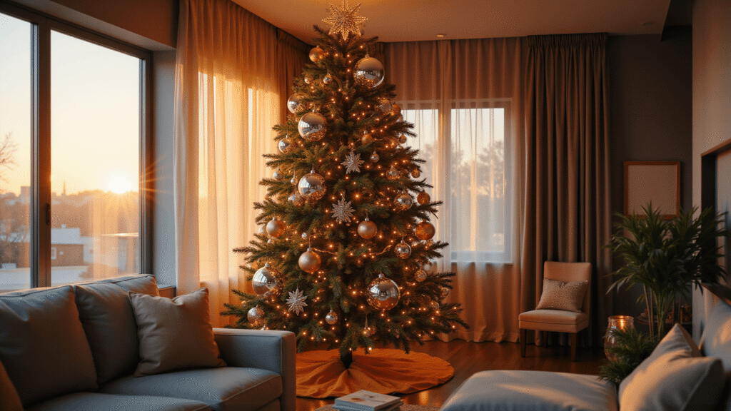 Photorealistic image of a 9-foot luxury Christmas tree in a modern living room, decorated with mirror disco balls and metallic baubles, illuminated by warm LED lights and golden hour sun rays, creating magical reflections.