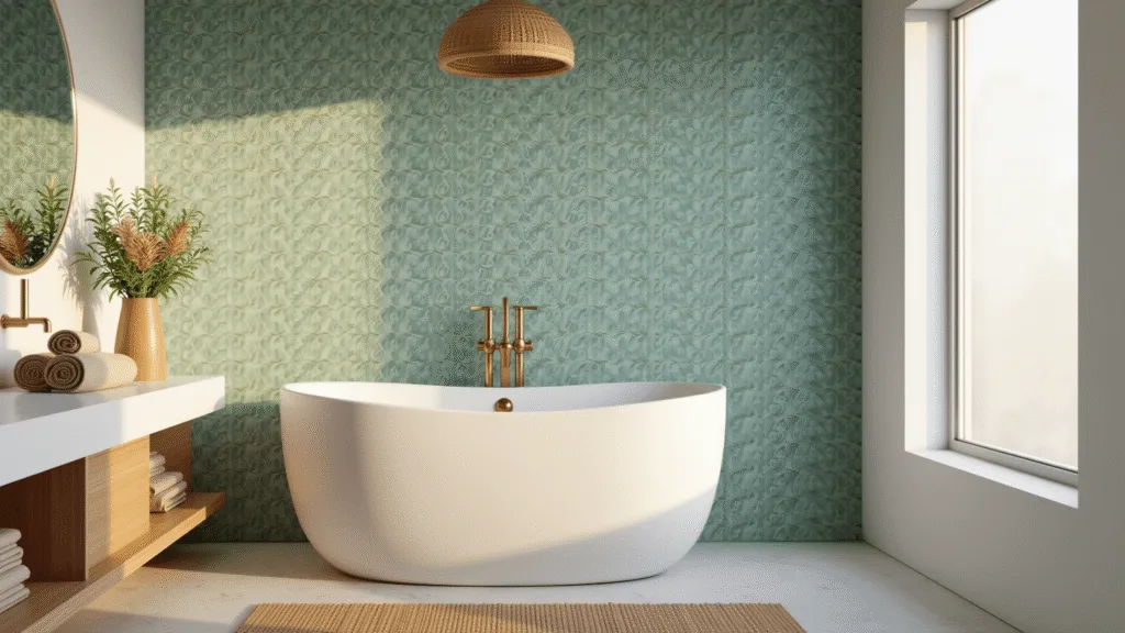 Photorealistic image of a luxurious coastal bathroom with a freestanding soaking tub, seafoam green fish scale tile wall, white oak vanity, natural jute rug, and warm lighting from a rattan pendant.