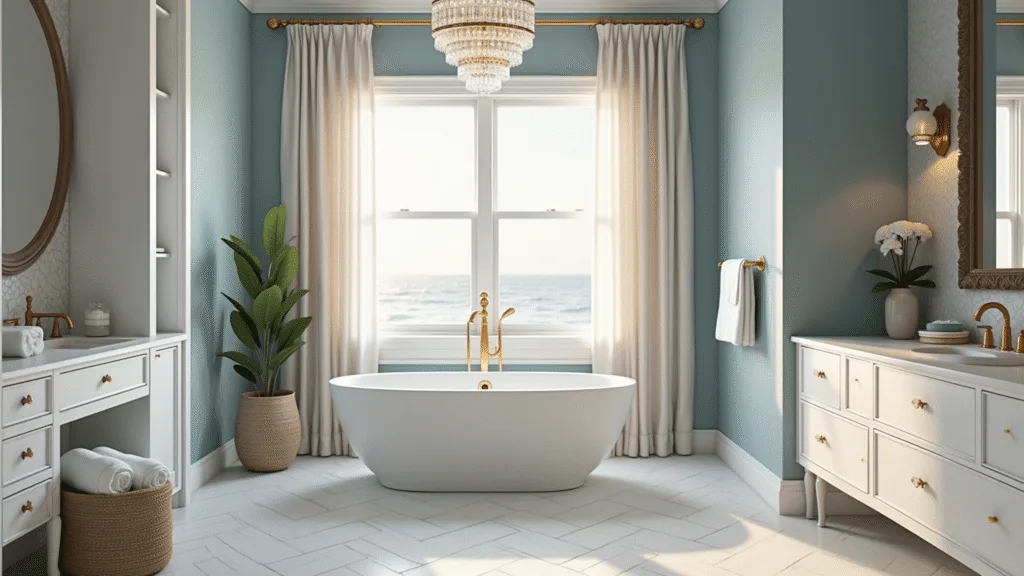 Photorealistic master bathroom featuring a freestanding white porcelain soaking tub under a floor-to-ceiling window, with Carrara marble herringbone flooring, a mother-of-pearl mosaic wall, a weathered brass chandelier, and coastal decor, illuminated by soft morning light.