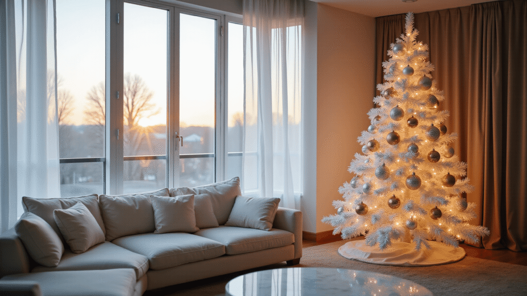A luxurious modern living room featuring a 9-foot flocked white Christmas tree adorned with metallic ornaments and warm LED lights, set against floor-to-ceiling windows. The scene captures a plush cream sectional sofa, white marble coffee table, and soft bokeh effects with depth of field focusing on the tree's intricate details. The color palette includes winter whites, champagne, silver, and hints of frost blue from the natural light filtering through sheer white curtains.