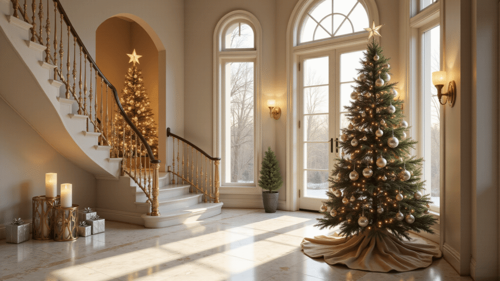 A photorealistic grand foyer adorned for Christmas, featuring a majestic tree, sweeping staircase, Venetian plaster walls, and luxurious decor, illuminated by golden sunlight.
