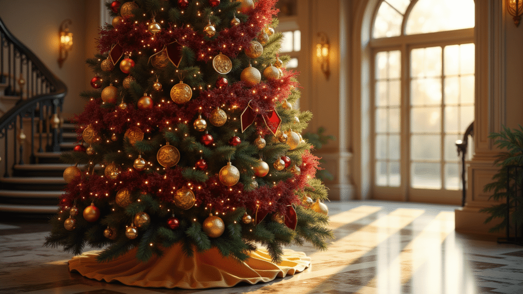 A majestic 12-foot Fraser fir Christmas tree adorned with burgundy velvet and gold ribbon, vintage glass ornaments, and crystal drops, set in a grand foyer with marble floors and a curved staircase, illuminated by golden hour light streaming through Palladian windows.