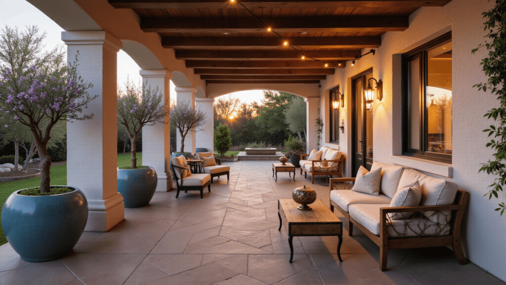 Cinematic wide-angle shot of a luxurious Mediterranean-style porch at sunset, featuring whitewashed stone columns, wooden beams, comfortable teak and wrought iron seating, large blue-glazed ceramic planters with olive trees and bougainvillea, ambient lighting from lanterns and string lights, a bubbling mosaic fountain, and natural stone accents, all illuminated by warm golden hour light.
