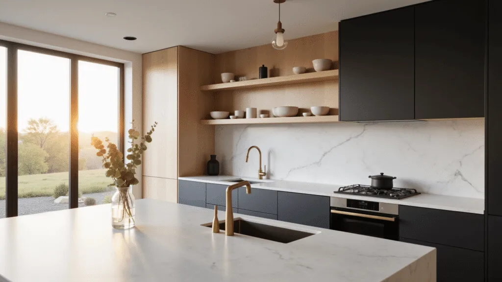 Photorealistic interior of a minimalist kitchen with morning light, featuring white quartz countertops, matte black cabinets, and decorative ceramics on bleached oak shelves, highlighted by a brass pendant light and a single eucalyptus stem in a vase.