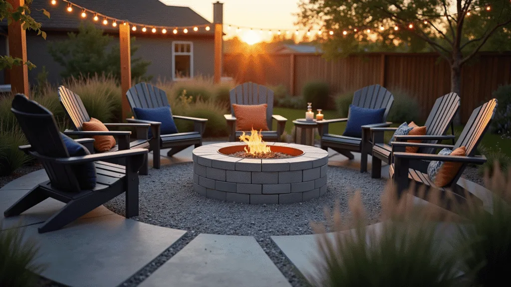 A beautifully crafted DIY fire pit made of circular brick and weathered concrete, surrounded by natural limestone pavers and modern Adirondack chairs, adorned with cushions. The scene is illuminated by warm copper string lights during the golden hour, with ornamental grasses and lavender framing the setup, while gentle smoke wisps rise from the kindling.