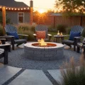 A beautifully crafted DIY fire pit made of circular brick and weathered concrete, surrounded by natural limestone pavers and modern Adirondack chairs, adorned with cushions. The scene is illuminated by warm copper string lights during the golden hour, with ornamental grasses and lavender framing the setup, while gentle smoke wisps rise from the kindling.