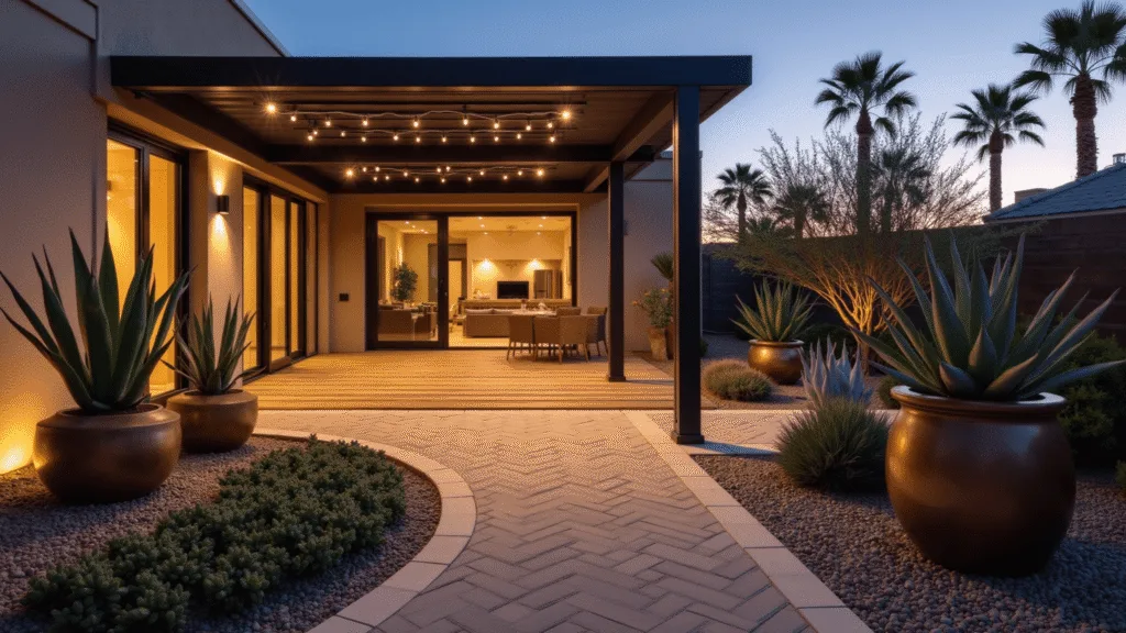 A luxurious modern backyard at sunset featuring a curved herringbone paver pathway, elevated IPE wood deck, desert-inspired landscaping, and a matte black aluminum pergola with warm LED string lights, illuminated palms, and rich sunset colors.